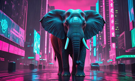 SİBER PUNK DÜNYASINDA HEYBETLİ DURAN FİL NEON IŞIKLAR ALTINDA 01 ÇERÇEVESİZ 50X30 CM PVC TABLO