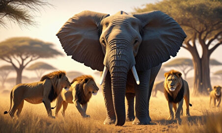 FİL VE ASLANLAR VAHŞİ DOĞADA 01 ÇERÇEVESİZ 50X30 CM PVC TABLO