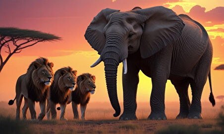 FİL VE ASLANLAR VAHŞİ DOĞADA 03 ÇERÇEVESİZ 50X30 CM PVC TABLO