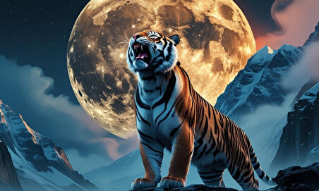 SİNİRLİ KAPLAN SİSLİ DAĞDA UHREVİ ATMOSFER BİLİMKURGU İLLÜSTRASYONU 01 ÇERÇEVESİZ 50X30 CM PVC TABLO