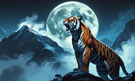 SİNİRLİ KAPLAN SİSLİ DAĞDA UHREVİ ATMOSFER BİLİMKURGU İLLÜSTRASYONU 03 ÇERÇEVESİZ 50X30 CM PVC TABLO