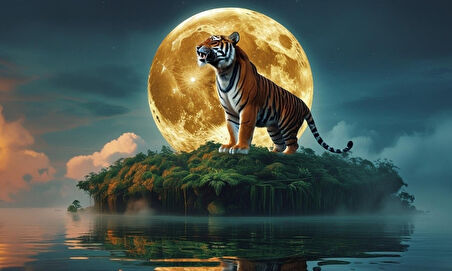 KAPLAN YÜZDEN ADADA AYA KÜKRÜYOR 04 ÇERÇEVESİZ 50X30 CM PVC TABLO