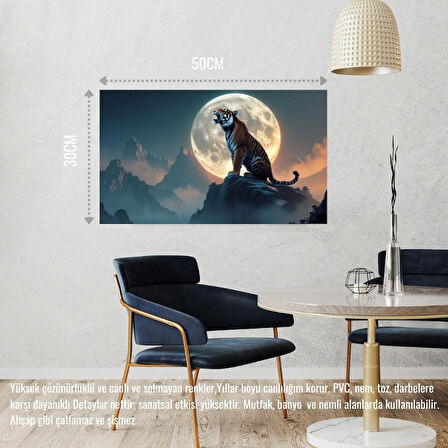 KAPLAN SİSLİ BİR DAĞDA AYA KÜKRÜYOR 01 ÇERÇEVESİZ 50X30 CM PVC TABLO