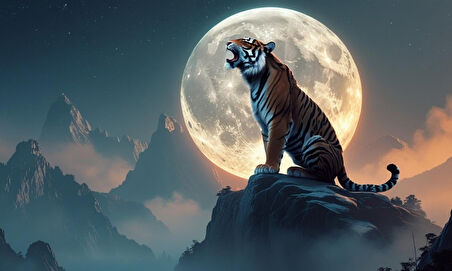 KAPLAN SİSLİ BİR DAĞDA AYA KÜKRÜYOR 01 ÇERÇEVESİZ 50X30 CM PVC TABLO