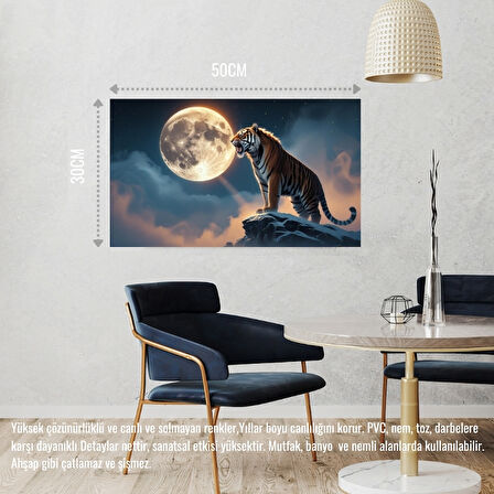 KAPLAN SİSLİ BİR DAĞDA AYA KÜKRÜYOR 02 ÇERÇEVESİZ 50X30 CM PVC TABLO