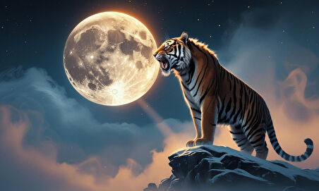 KAPLAN SİSLİ BİR DAĞDA AYA KÜKRÜYOR 02 ÇERÇEVESİZ 50X30 CM PVC TABLO