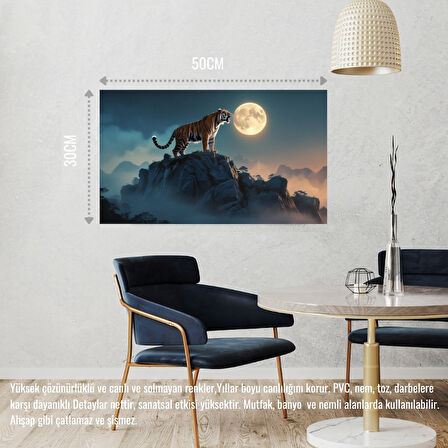 KAPLAN SİSLİ BİR DAĞDA AYA KÜKRÜYOR 04 ÇERÇEVESİZ 50X30 CM PVC TABLO