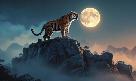 KAPLAN SİSLİ BİR DAĞDA AYA KÜKRÜYOR 04 ÇERÇEVESİZ 50X30 CM PVC TABLO