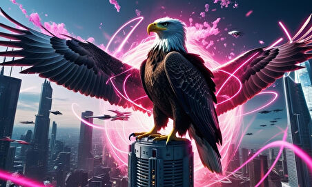 KARTAL FÜTÜRİSTİK BİR ŞEHİRDE NEON PARILTI STİLİ 01 ÇERÇEVESİZ 50X30 CM PVC TABLO