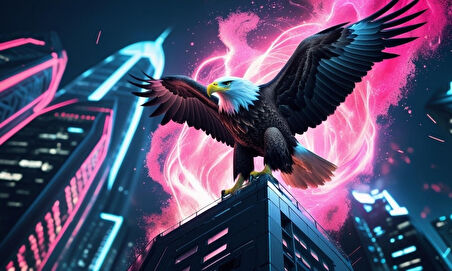 KARTAL FÜTÜRİSTİK BİR ŞEHİRDE NEON PARILTI STİLİ 04 ÇERÇEVESİZ 50X30 CM PVC TABLO