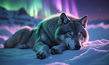 KURT KUZEY IŞIKLARI ALTINDA HUZUR İÇİNDE DİNLENİYOR 02 ÇERÇEVESİZ 50X30 CM PVC TABLO