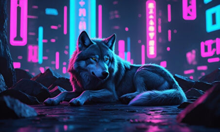 KURT SİBERPUNK DÜNYASINDA HUZUR İÇİNDE DİNLENİYOR 03 ÇERÇEVESİZ 50X30 CM PVC TABLO