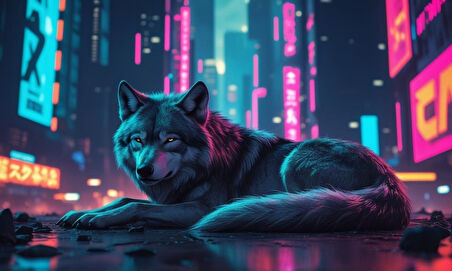 KURT SİBERPUNK DÜNYASINDA HUZUR İÇİNDE DİNLENİYOR 04 ÇERÇEVESİZ 50X30 CM PVC TABLO