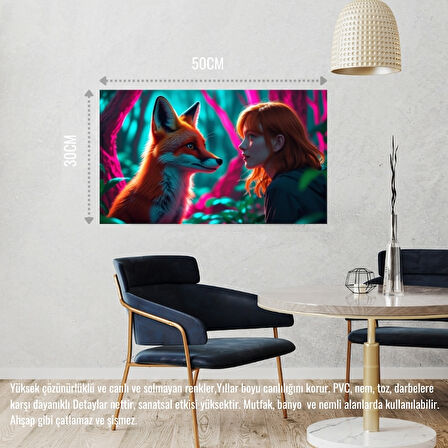 TİLKİ NEON ORMANDA BİR İNSANLA ETKİLEŞİM MİSTİK 01 ÇERÇEVESİZ 50X30 CM PVC TABLO