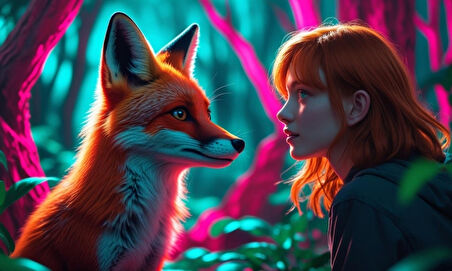 TİLKİ NEON ORMANDA BİR İNSANLA ETKİLEŞİM MİSTİK 01 ÇERÇEVESİZ 50X30 CM PVC TABLO