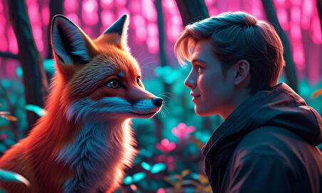 TİLKİ NEON ORMANDA BİR İNSANLA ETKİLEŞİM MİSTİK 02 ÇERÇEVESİZ 50X30 CM PVC TABLO