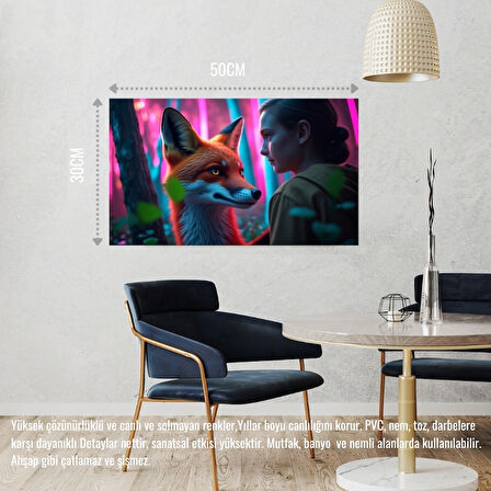TİLKİ NEON ORMANDA BİR İNSANLA ETKİLEŞİM MİSTİK 03 ÇERÇEVESİZ 50X30 CM PVC TABLO