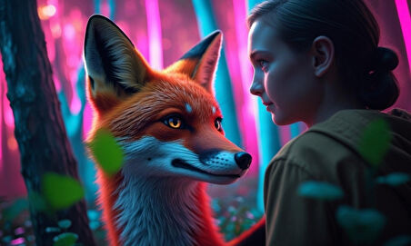 TİLKİ NEON ORMANDA BİR İNSANLA ETKİLEŞİM MİSTİK 03 ÇERÇEVESİZ 50X30 CM PVC TABLO