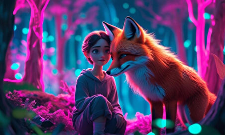 TİLKİ NEON ORMANDA BİR İNSANLA ETKİLEŞİM MİSTİK 04 ÇERÇEVESİZ 50X30 CM PVC TABLO