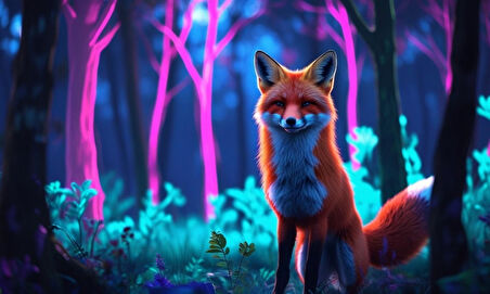 TİLKİ NEON ORMANINDA FANTASTİK 02 ÇERÇEVESİZ 50X30 CM PVC TABLO