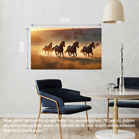 YABANİ ATLAR GÜN BATIMINDA ÇAYIRDA KOŞUYOR 01 ÇERÇEVESİZ 50X30 CM PVC TABLO