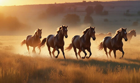 YABANİ ATLAR GÜN BATIMINDA ÇAYIRDA KOŞUYOR 01 ÇERÇEVESİZ 50X30 CM PVC TABLO