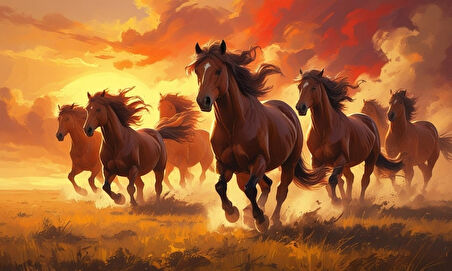 YABANİ ATLAR GÜN BATIMINDA ÇAYIRDA KOŞUYOR 02 ÇERÇEVESİZ 50X30 CM PVC TABLO