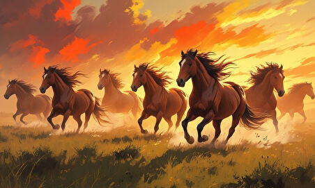 YABANİ ATLAR GÜN BATIMINDA ÇAYIRDA KOŞUYOR 03 ÇERÇEVESİZ 50X30 CM PVC TABLO