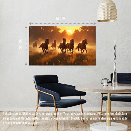 YABANİ ATLAR GÜN BATIMINDA ÇAYIRDA KOŞUYOR 04 ÇERÇEVESİZ 50X30 CM PVC TABLO