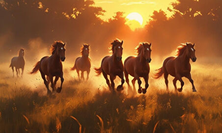 YABANİ ATLAR GÜN BATIMINDA ÇAYIRDA KOŞUYOR 04 ÇERÇEVESİZ 50X30 CM PVC TABLO