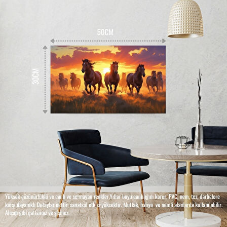 YABANİ ATLAR GÜN BATIMINDA ÇAYIRDA KOŞUYOR 06 ÇERÇEVESİZ 50X30 CM PVC TABLO