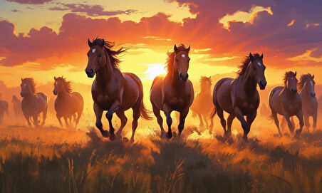 YABANİ ATLAR GÜN BATIMINDA ÇAYIRDA KOŞUYOR 06 ÇERÇEVESİZ 50X30 CM PVC TABLO