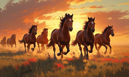 YABANİ ATLAR GÜN BATIMINDA ÇAYIRDA KOŞUYOR 08 ÇERÇEVESİZ 50X30 CM PVC TABLO