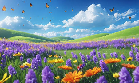 KELEBEKLER YABANİ ÇİÇEKLER İÇİNDE BAHAR HAVASI 01 ÇERÇEVESİZ 50X30 CM PVC TABLO