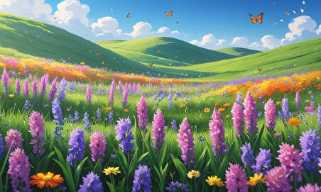 KELEBEKLER YABANİ ÇİÇEKLER İÇİNDE BAHAR HAVASI 02 ÇERÇEVESİZ 50X30 CM PVC TABLO