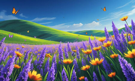 KELEBEKLER YABANİ ÇİÇEKLER İÇİNDE BAHAR HAVASI 03 ÇERÇEVESİZ 50X30 CM PVC TABLO