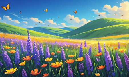 KELEBEKLER YABANİ ÇİÇEKLER İÇİNDE BAHAR HAVASI 04 ÇERÇEVESİZ 50X30 CM PVC TABLO