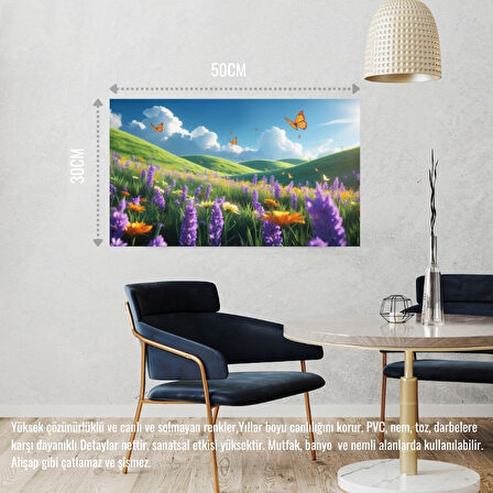 KELEBEKLER YABANİ ÇİÇEKLER İÇİNDE BAHAR HAVASI 05 ÇERÇEVESİZ 50X30 CM PVC TABLO