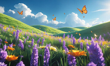 KELEBEKLER YABANİ ÇİÇEKLER İÇİNDE BAHAR HAVASI 05 ÇERÇEVESİZ 50X30 CM PVC TABLO