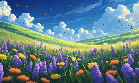 KELEBEKLER YABANİ ÇİÇEKLER İÇİNDE BAHAR HAVASI 06 ÇERÇEVESİZ 50X30 CM PVC TABLO