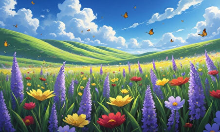 KELEBEKLER YABANİ ÇİÇEKLER İÇİNDE BAHAR HAVASI 07 ÇERÇEVESİZ 50X30 CM PVC TABLO