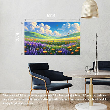 KELEBEKLER YABANİ ÇİÇEKLER İÇİNDE BAHAR HAVASI 08 ÇERÇEVESİZ 50X30 CM PVC TABLO