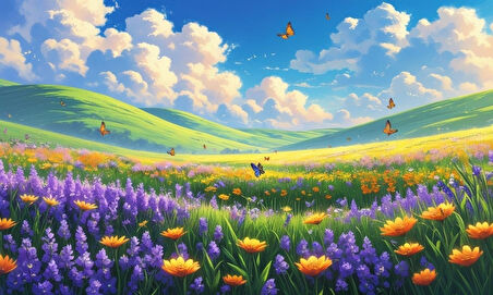 KELEBEKLER YABANİ ÇİÇEKLER İÇİNDE BAHAR HAVASI 08 ÇERÇEVESİZ 50X30 CM PVC TABLO