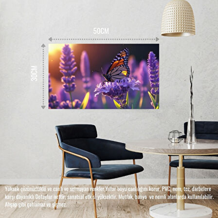 KELEBEK PARLAYAN GÜNEŞ IŞIĞI ALTINDA LAVANTA ÇİÇEĞİNİN ÜZERİNDE DİNLENİYOR 01 ÇERÇEVESİZ 50X30 CM PVC TABLO