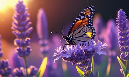 KELEBEK PARLAYAN GÜNEŞ IŞIĞI ALTINDA LAVANTA ÇİÇEĞİNİN ÜZERİNDE DİNLENİYOR 01 ÇERÇEVESİZ 50X30 CM PVC TABLO