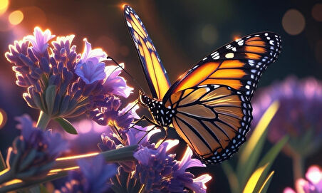 KELEBEK PARLAYAN GÜNEŞ IŞIĞI ALTINDA LAVANTA ÇİÇEĞİNİN ÜZERİNDE DİNLENİYOR 02 ÇERÇEVESİZ 50X30 CM PVC TABLO