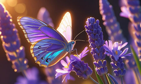 KELEBEK PARLAYAN GÜNEŞ IŞIĞI ALTINDA LAVANTA ÇİÇEĞİNİN ÜZERİNDE DİNLENİYOR 03 ÇERÇEVESİZ 50X30 CM PVC TABLO