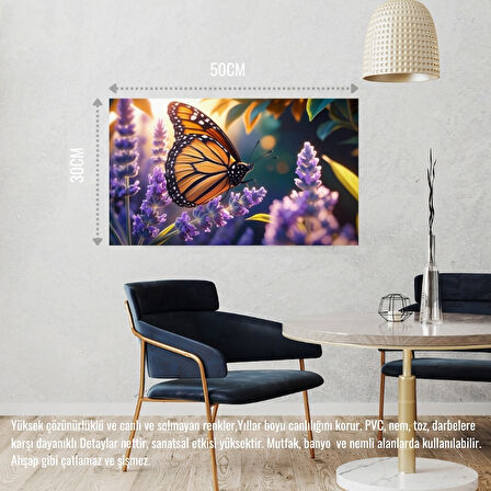 KELEBEK PARLAYAN GÜNEŞ IŞIĞI ALTINDA LAVANTA ÇİÇEĞİNİN ÜZERİNDE DİNLENİYOR 05 ÇERÇEVESİZ 50X30 CM PVC TABLO