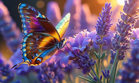 KELEBEK PARLAYAN GÜNEŞ IŞIĞI ALTINDA LAVANTA ÇİÇEĞİNİN ÜZERİNDE DİNLENİYOR 06 ÇERÇEVESİZ 50X30 CM PVC TABLO