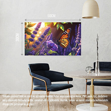 KELEBEK PARLAYAN GÜNEŞ IŞIĞI ALTINDA LAVANTA ÇİÇEĞİNİN ÜZERİNDE DİNLENİYOR 07 ÇERÇEVESİZ 50X30 CM PVC TABLO